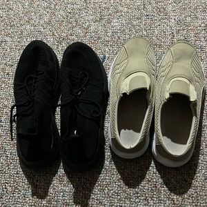 black tennis shoes, beige slip on